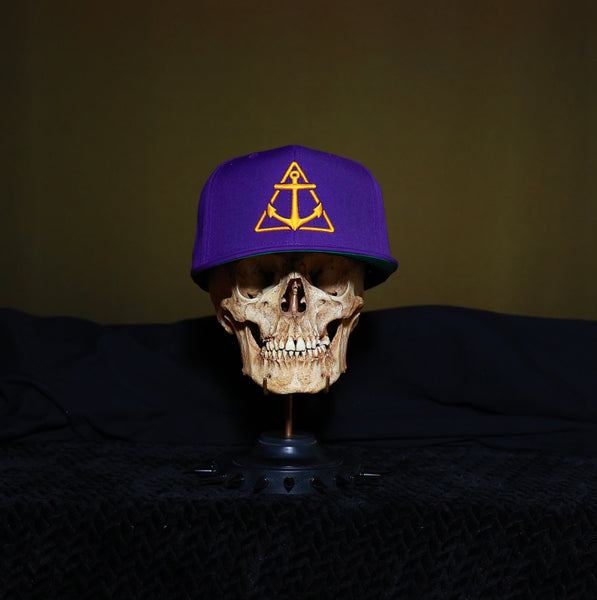 Purple with Gold logo Flat Bill Hat-Green under cap